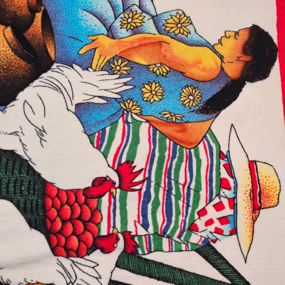 Vintage 1988 Helia Beach Towel Red Folk Art Marketplace Chickens fowers 56x28